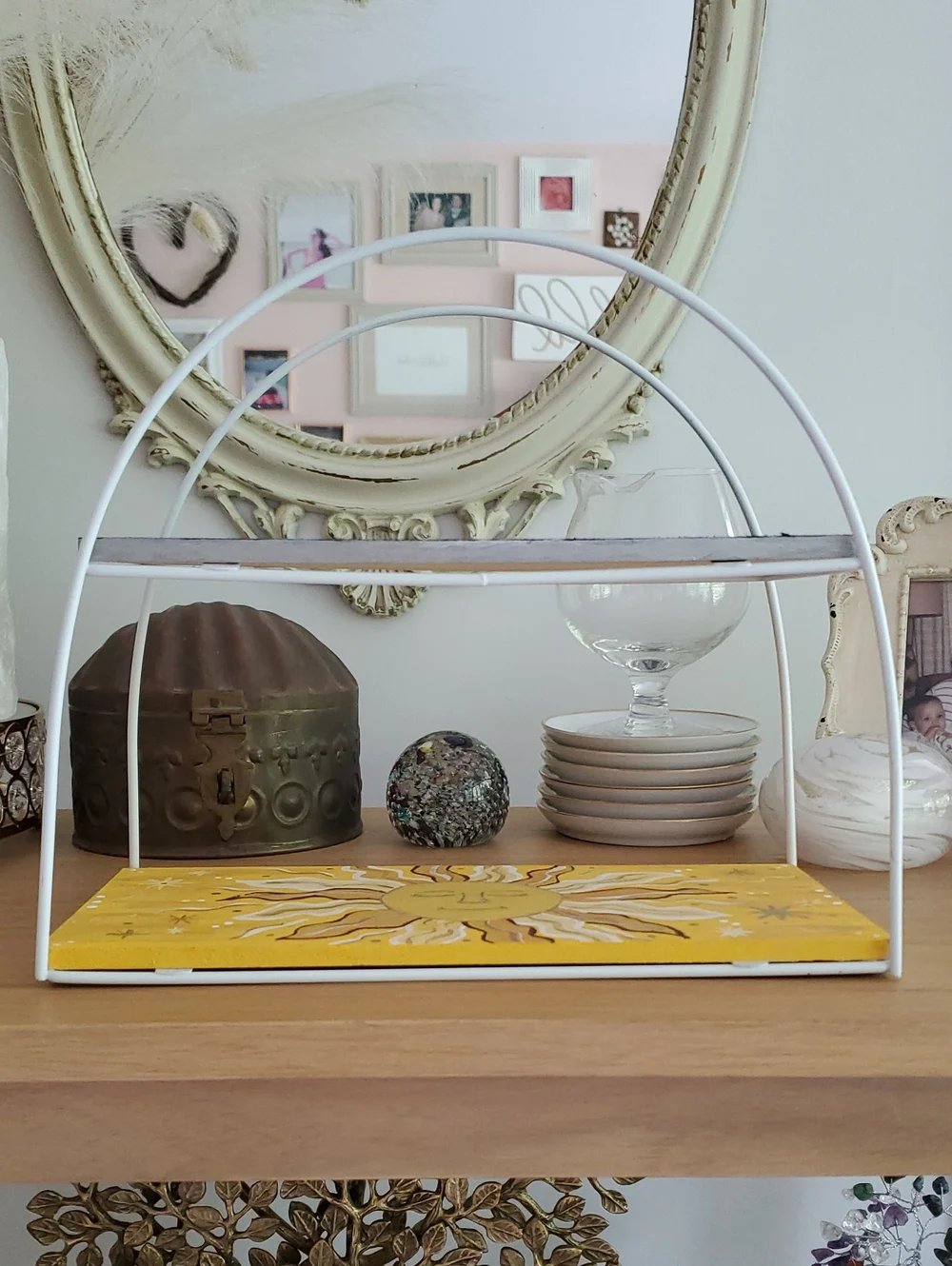 Hand Painted Sun & Moon Painted Two-Tier Wooden Home Accent Organizer Shelf